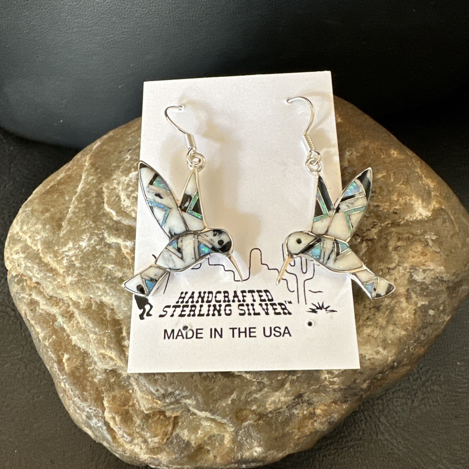 White Buffalo Turquoise Opal Onyx Sterling Silver Hummingbird Earrings 18546