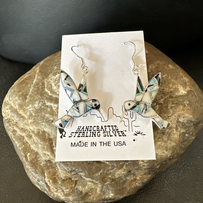 White Buffalo Turquoise Opal Onyx Sterling Silver Hummingbird Earrings 18546