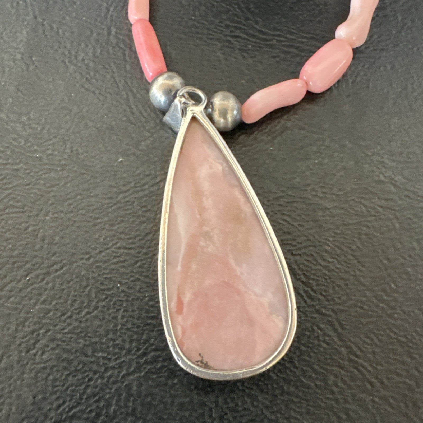 Southwestern Sterling Silver Pink Coral Bead Necklace Quartz Pendant 24" 19589