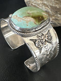 Navajo Women Green Royston Turquoise Stamped Cuff Bracelet | Sterling Silver | Authentic Native American Handmade | 17865