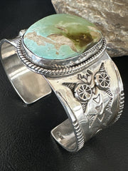 Navajo Women Green Royston Turquoise Stamped Cuff Bracelet | Sterling Silver | Authentic Native American Handmade | 17865