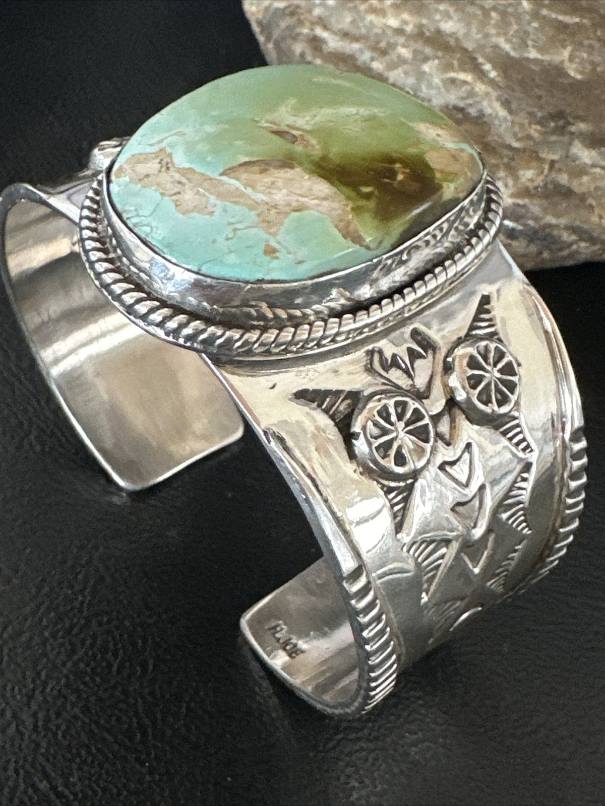 Navajo Women Green Royston Turquoise Stamped Sterling Silver Cuff Bracelet 17865