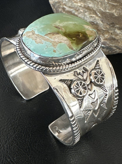 Navajo Women Green Royston Turquoise Stamped Sterling Silver Cuff Bracelet 17865