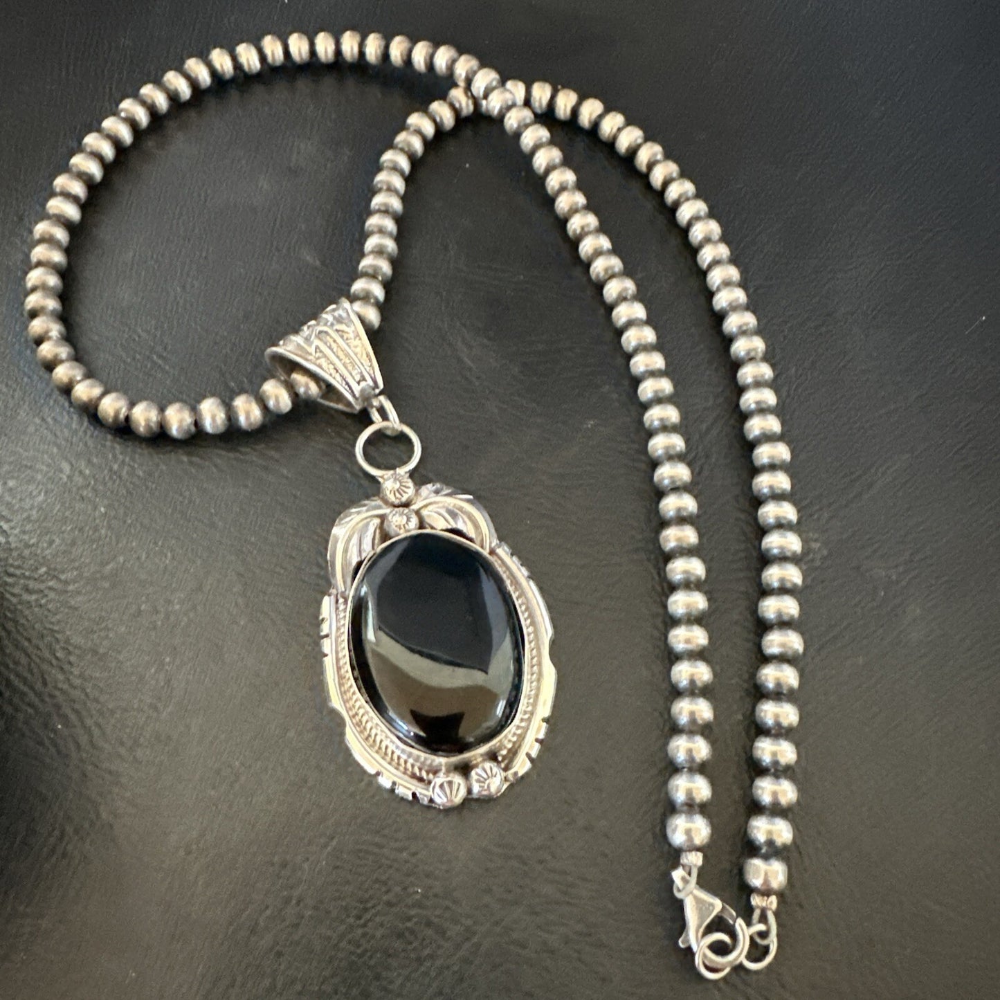 Mens Sterling Silver Beads Black Onyx Pendant Necklace 17992