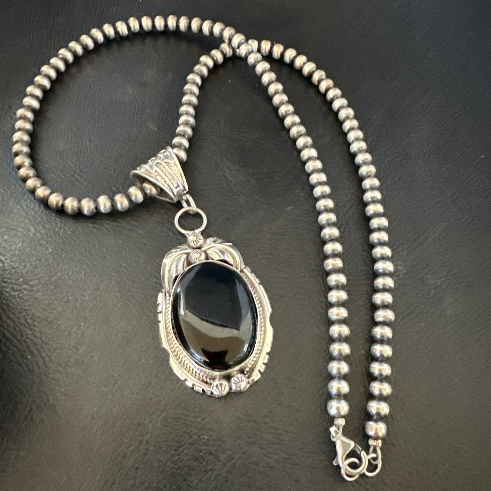 Mens Sterling Silver Beads Black Onyx Pendant Necklace 17992
