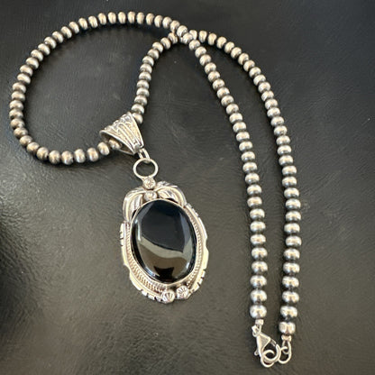 Mens Sterling Silver Beads Black Onyx Pendant Necklace 17992