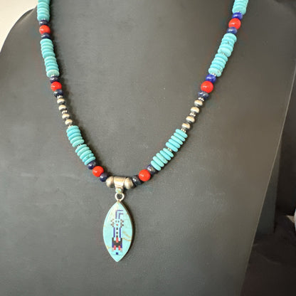 Multicolor Turquoise Coral Navajo Sterling Silver Inlay Pendant Necklace 19645