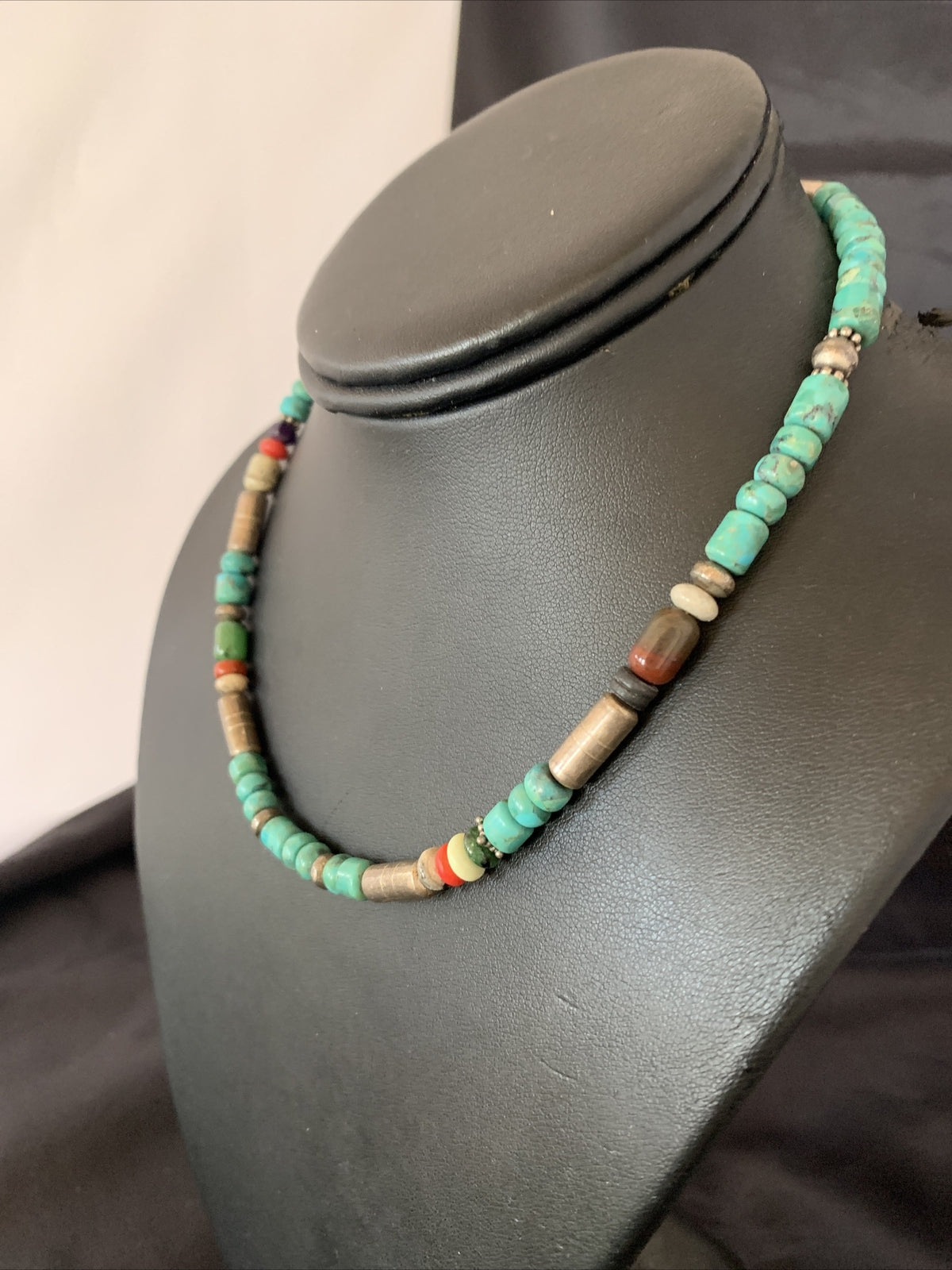 Turquoise Spiny Oyster & Coral Beads Sterling Silver Gold Necklace 10396