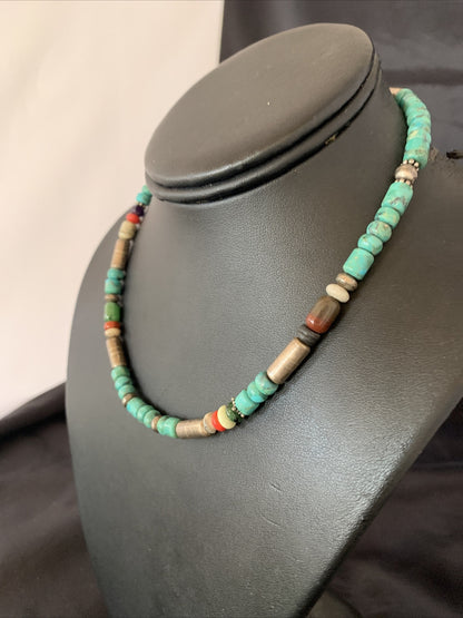 Turquoise Spiny Oyster & Coral Beads Sterling Silver Gold Necklace 10396