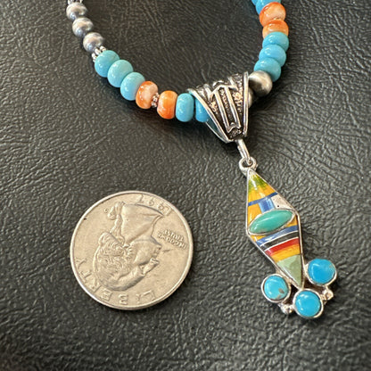 Multicolor Turquoise Pendant Navajo Sterling Silver Beads Necklace 18730