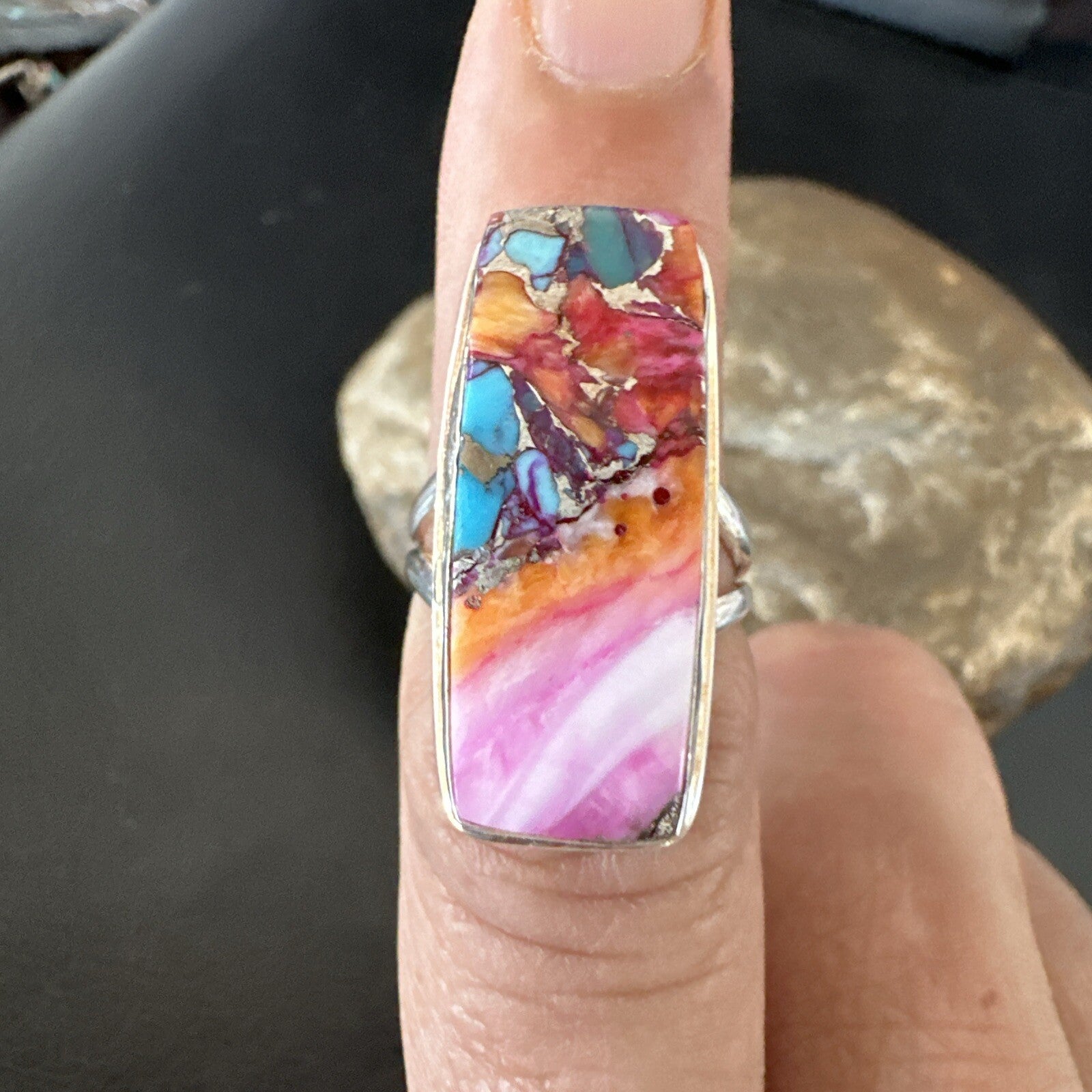 Blue Turquoise Spiny Oyster Navajo Sterling Silver Ring Size 6 18244