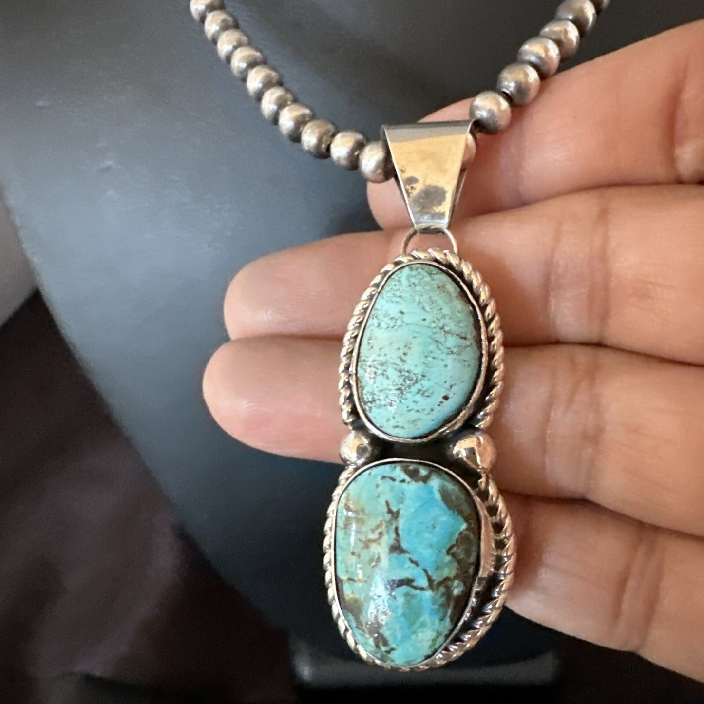 Blue Turquoise 2 Stone Navajo Sterling Silver Cluster Pendant 18191