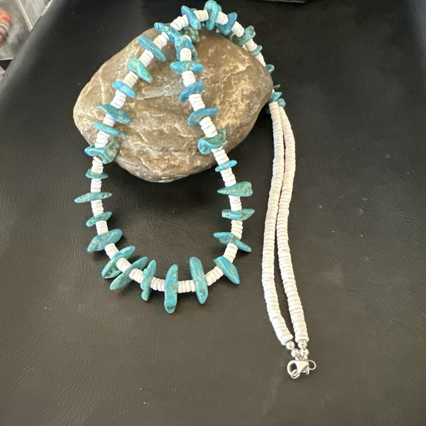 Blue Turquoise White Shell Navajo Sterling Silver Necklace 31" 19719