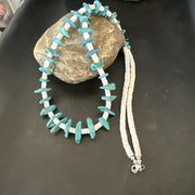 Blue Turquoise White Shell Navajo Necklace 31" | Sterling Silver | Authentic Native American Handmade | 19719