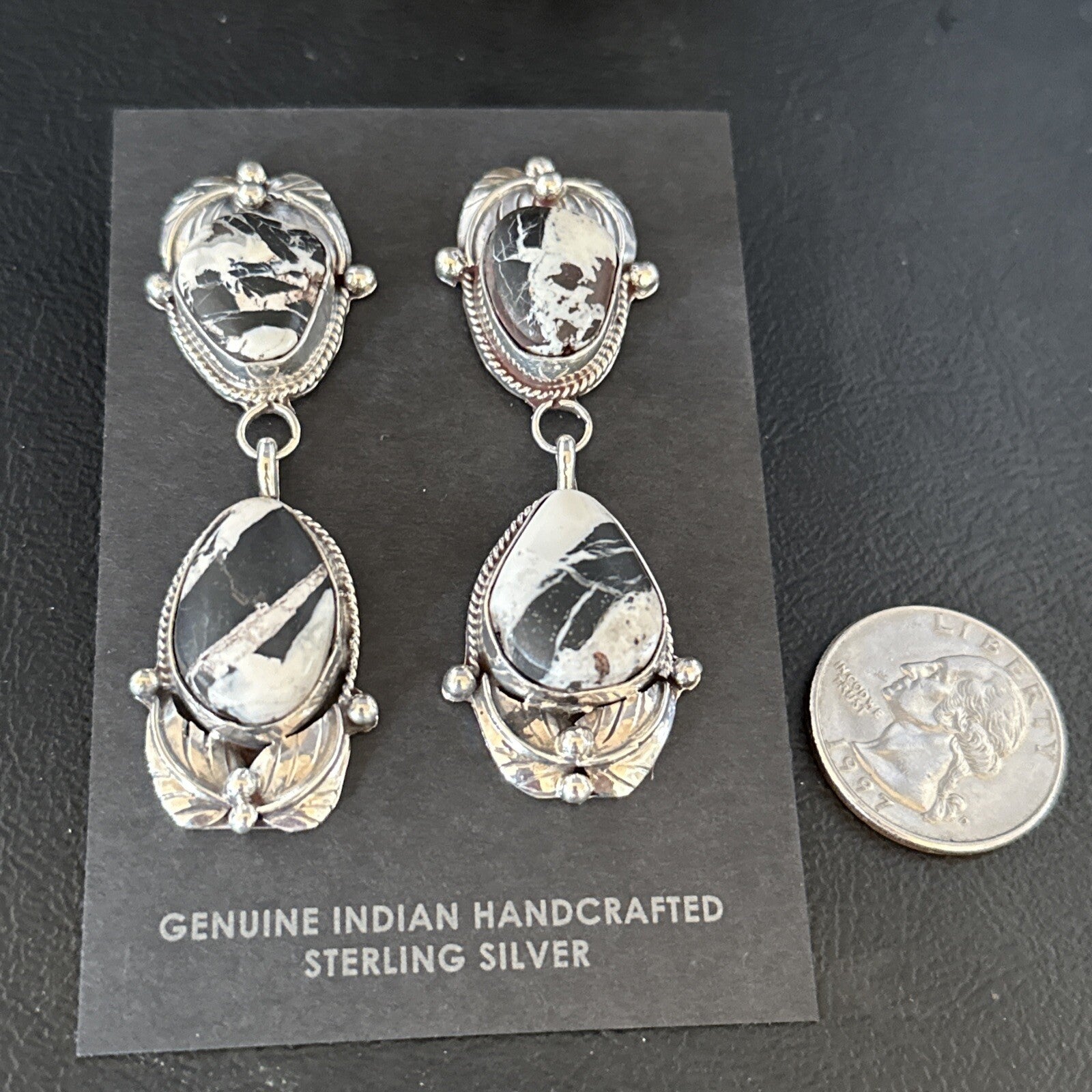 Women Navajo White Buffalo Turquoise Sterling Silver Dangle Earrings 2.5" 14743N