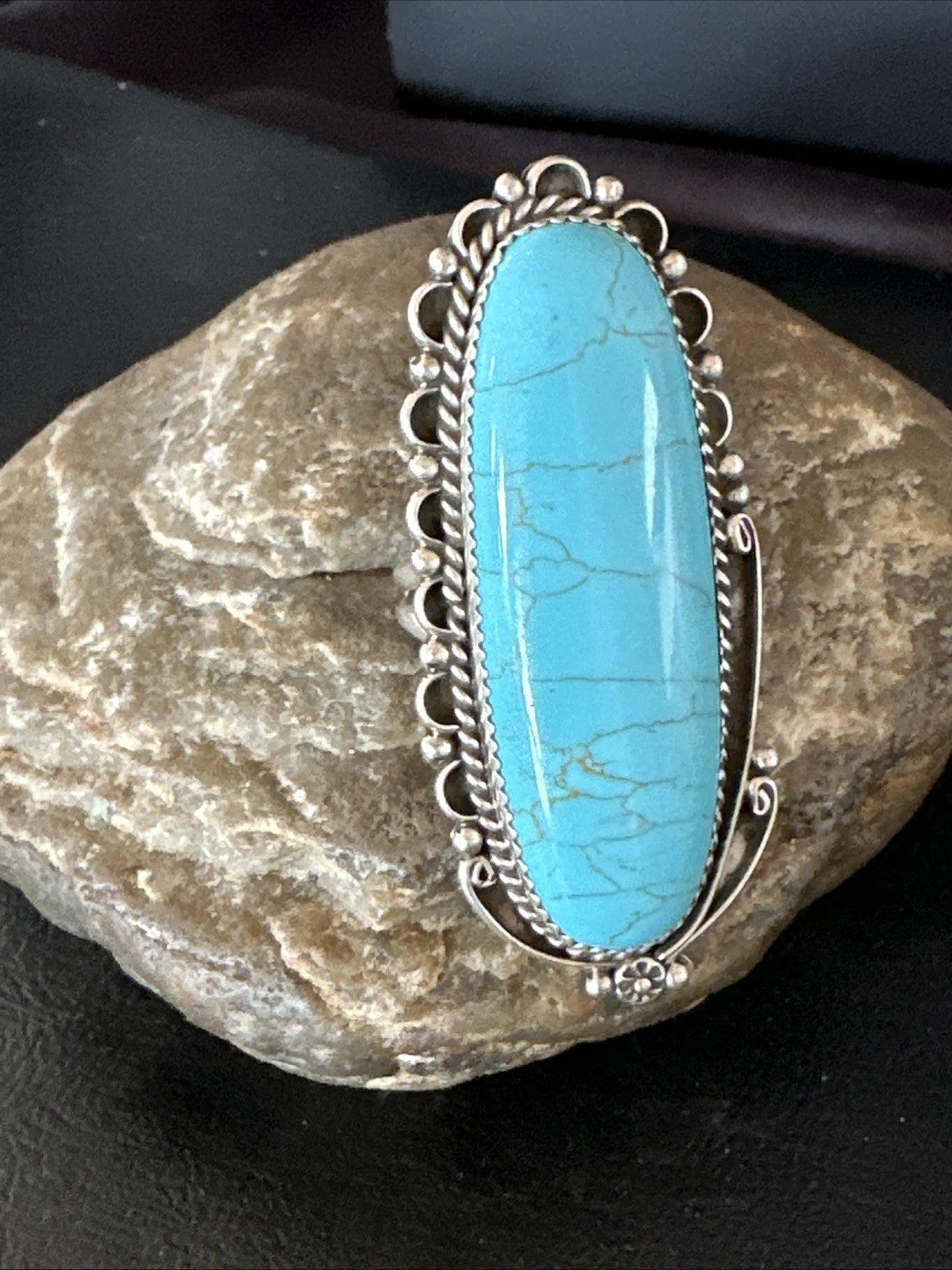 XL Blue Turquoise Navajo Sterling Silver Ring Size 10 19780