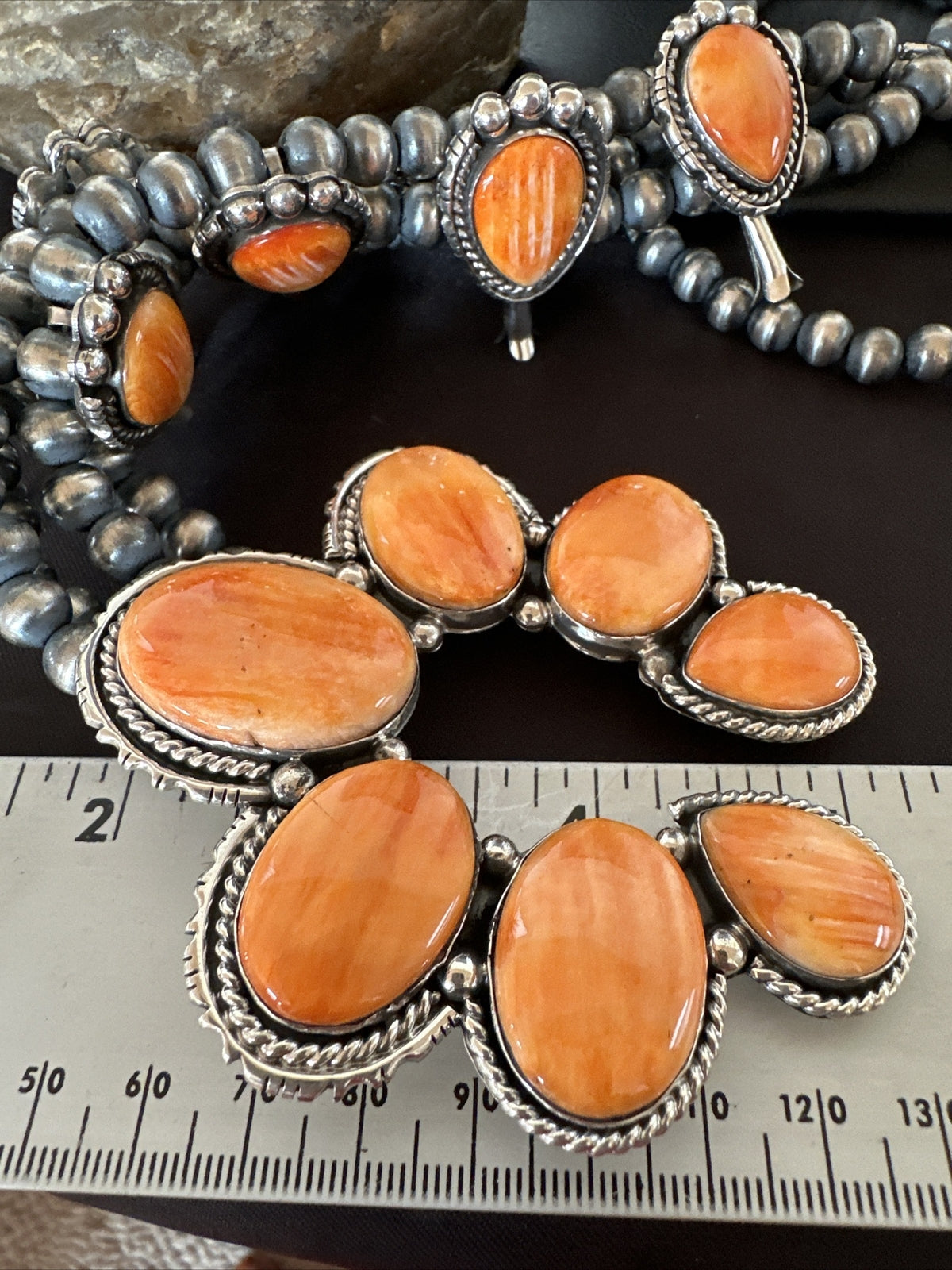 XL Orange Spiny Oyster Sterling Silver Squash Blossom Necklace 18134