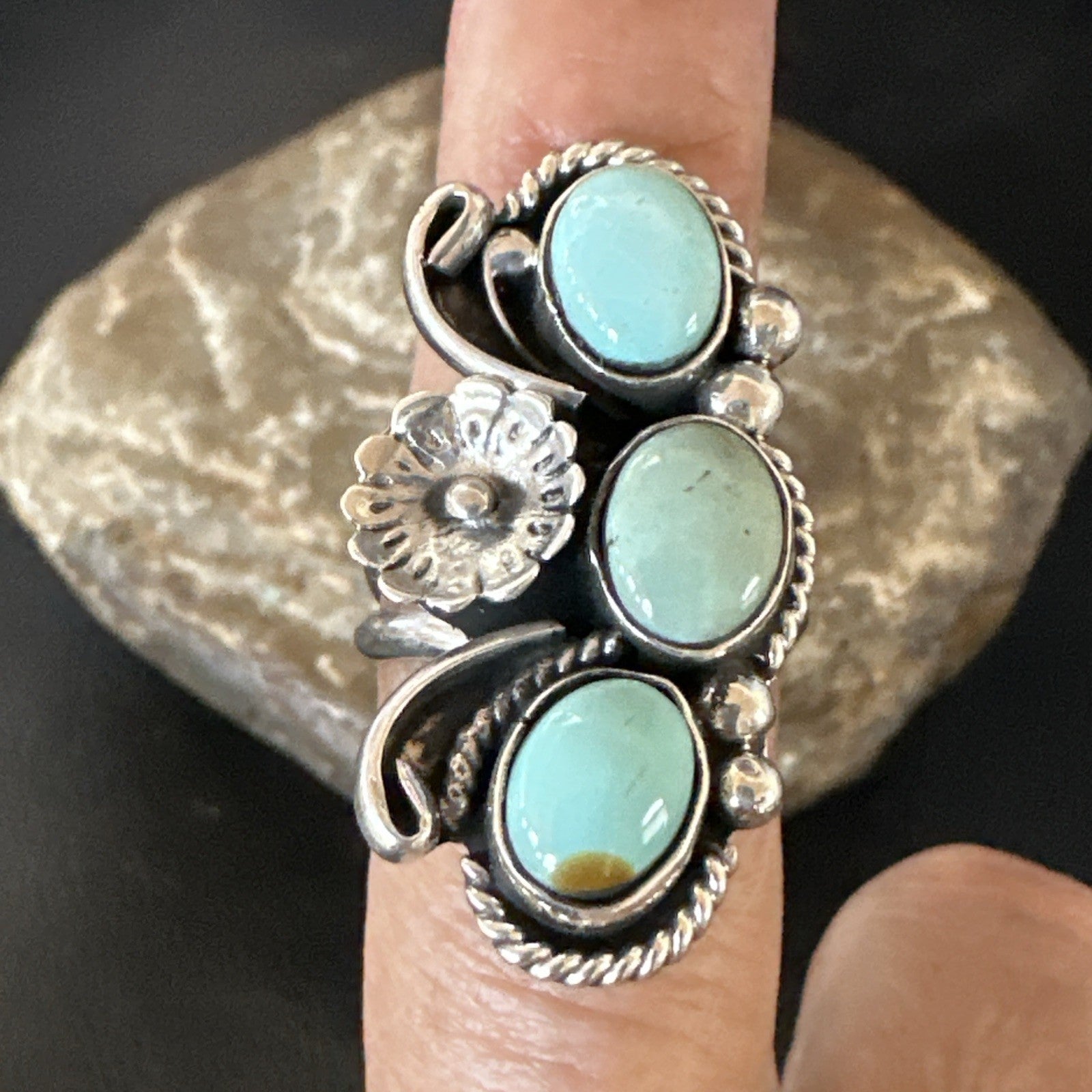 Yazzie Ring Blue Turquoise Navajo Sterling Silver Cluster Size 8.5 19225