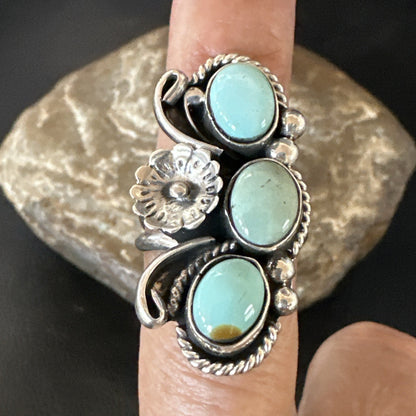 Yazzie Ring Blue Turquoise Navajo Sterling Silver Cluster Size 8.5 19225