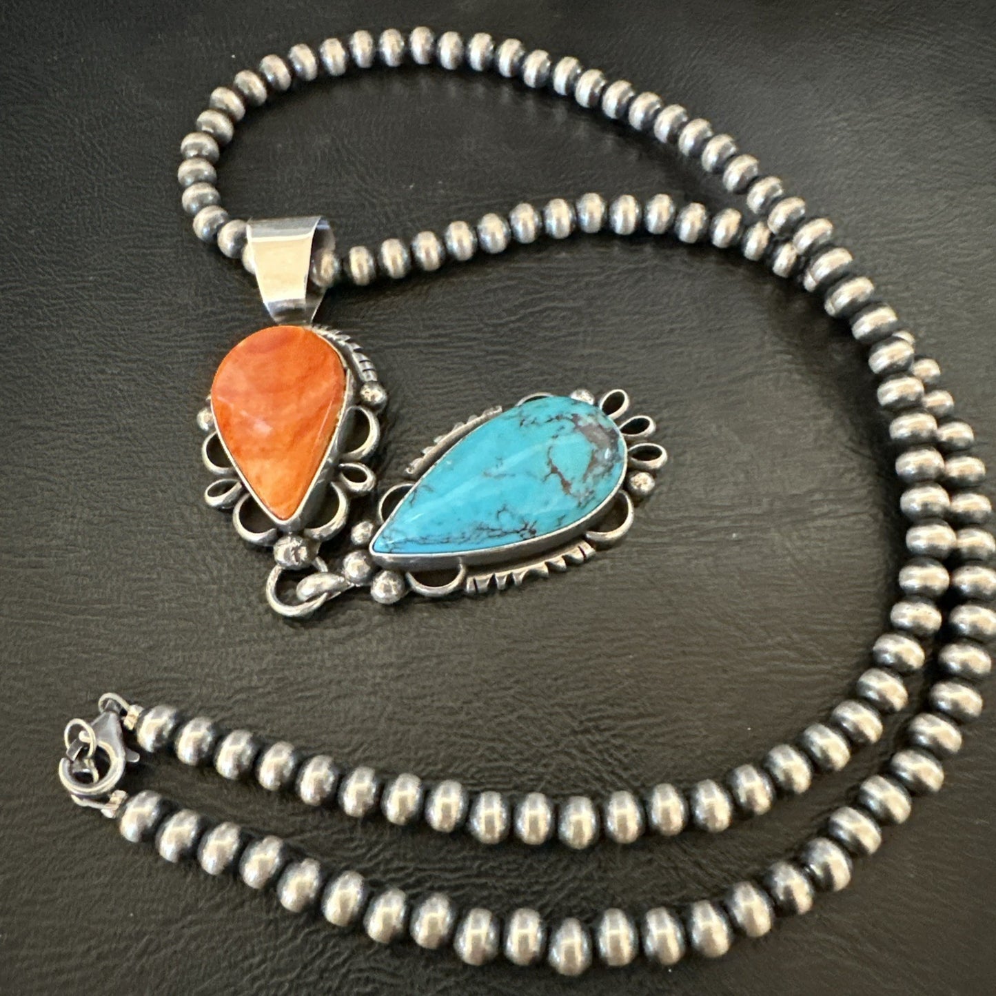 Multicolor Turquoise Spiny Navajo Sterling Silver Cluster Pendant Necklace 19558