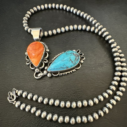Multicolor Turquoise Spiny Navajo Sterling Silver Cluster Pendant Necklace 19558