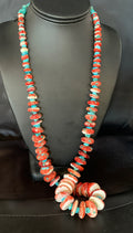 Women's Blue Turquoise Red Spiny Oyster Navajo Necklace | Sterling Silver | Authentic Native American Handmade | 00114