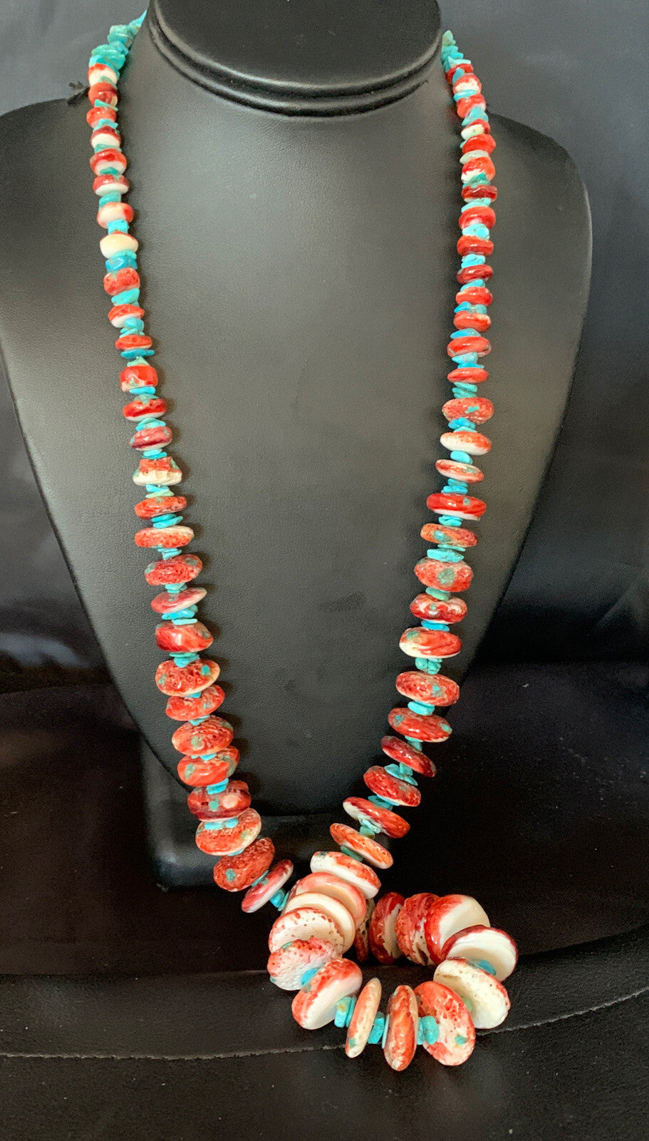 Womens Blue Turquoise & Red Spiny Oyster Navajo Sterling Silver Necklace 00114