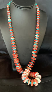 Women's Blue Turquoise Red Spiny Oyster Navajo Necklace | Sterling Silver | Authentic Native American Handmade | 00114