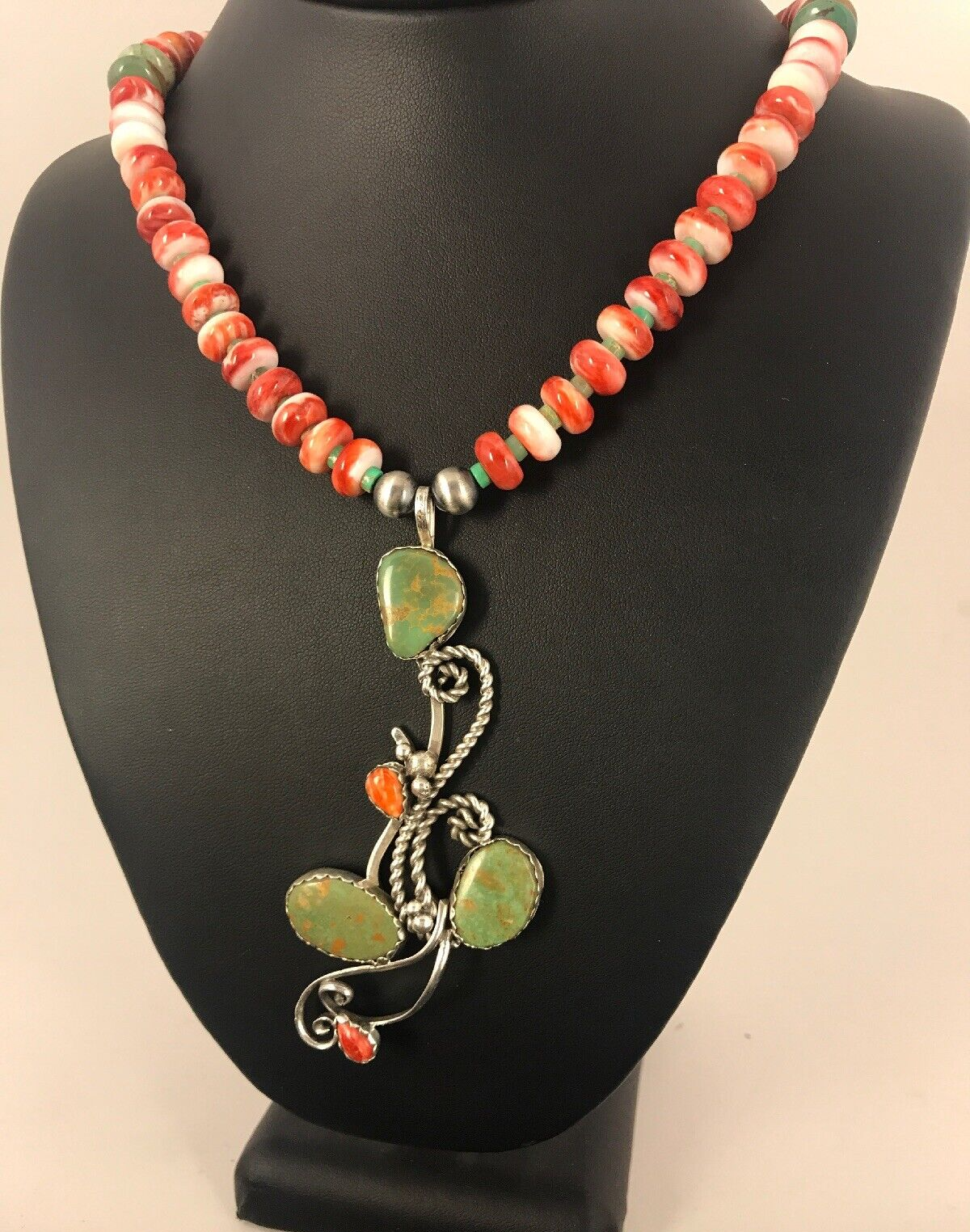 Green Turquoise, Spiny Oyster Pendant Sterling Silver Beads Necklace 8486