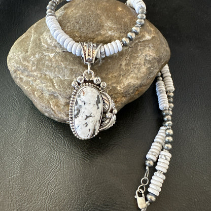 White Buffalo Turquoise Pendant Navajo Pearls Sterling Silver Necklace 20” 19498