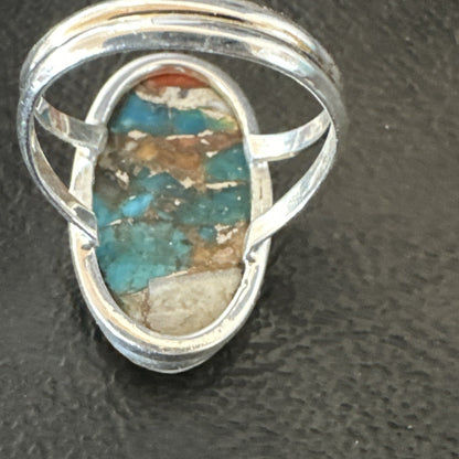 Blue Turquoise Spiny Oyster Southwestern Sterling Silver Ring Size 9 18459