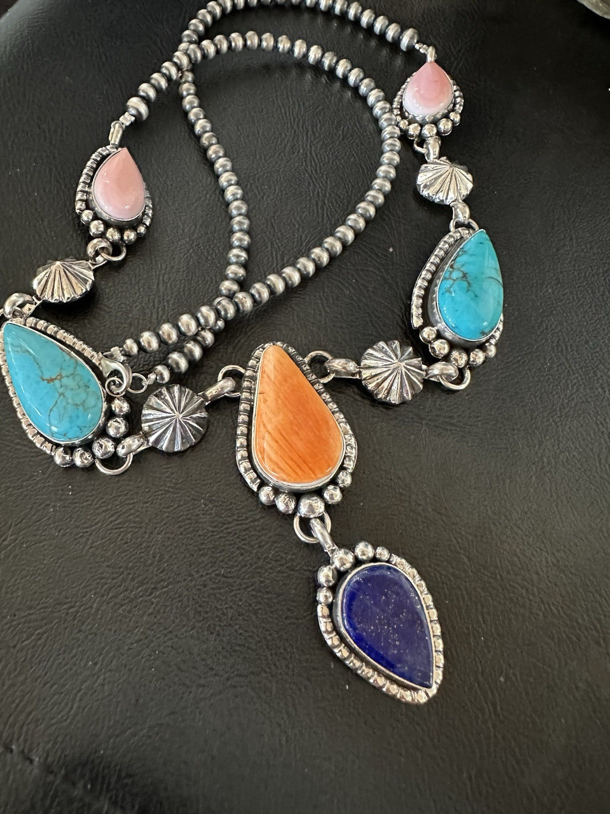 Multicolor Spiny Lapis Pendant Navajo Sterling Silver Lariat Necklace 28" 19439