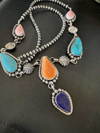 Multicolor Spiny Lapis Pendant Navajo Sterling Silver Lariat Necklace 28" 19439