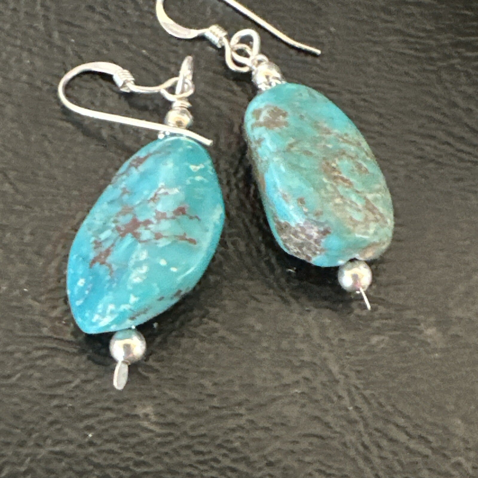 Blue Turquoise Nugget Sterling Silver Beads Earrings 1" 17867