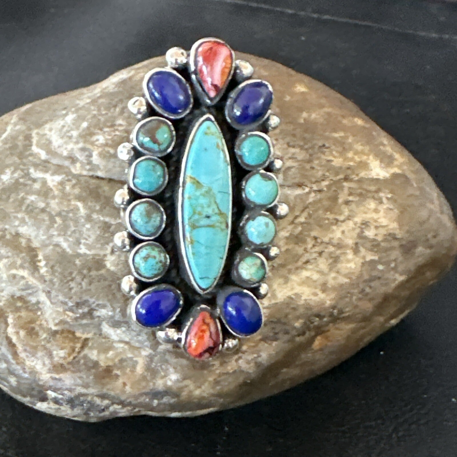 Cluster Blue Turquoise Spiny Oyster Lapis Sterling Silver Ring Size 6.5 18566