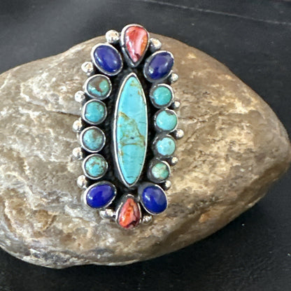 Cluster Blue Turquoise Spiny Oyster Lapis Sterling Silver Ring Size 6.5 18566