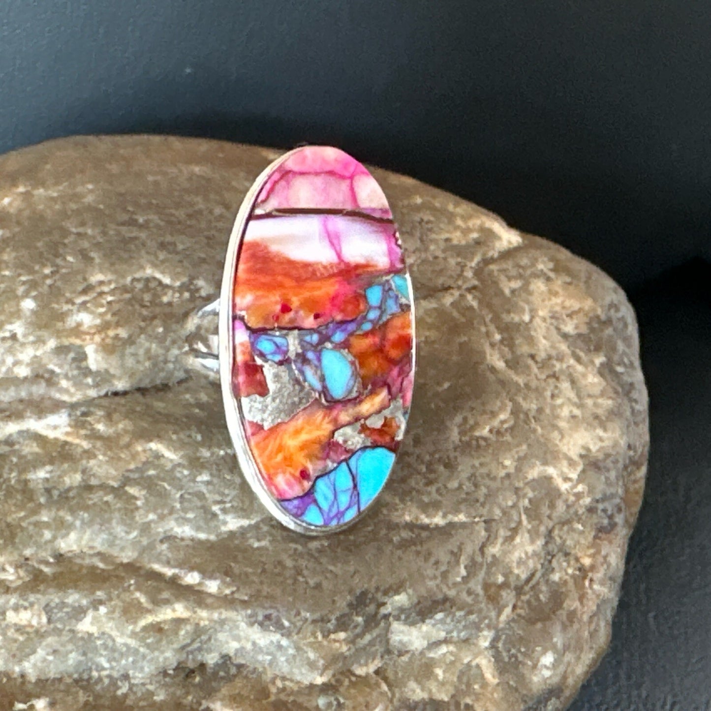 Blue Turquoise Orange Spiny Oyster Navajo Sterling Silver Ring Size 7 18212