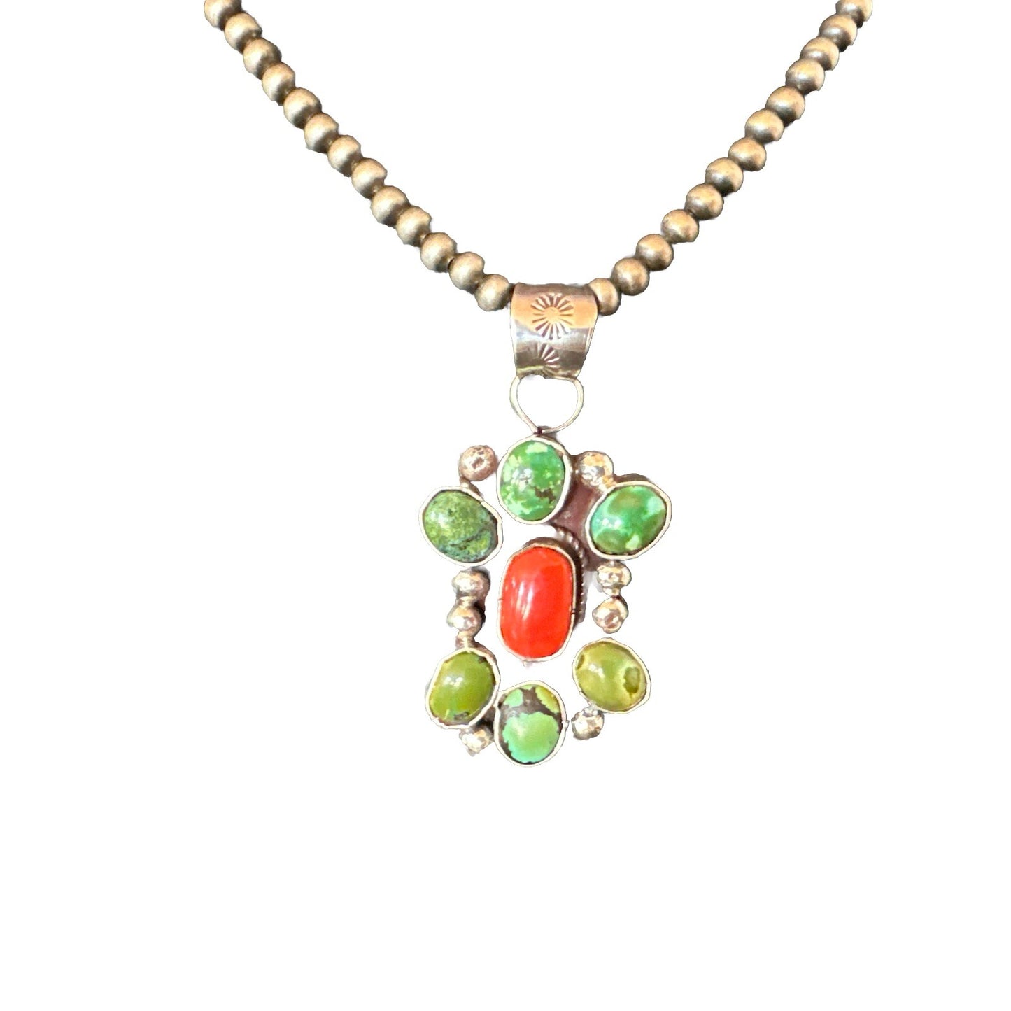 Navajo Sterling Cluster Red Turquoise Pendant Necklace 17714