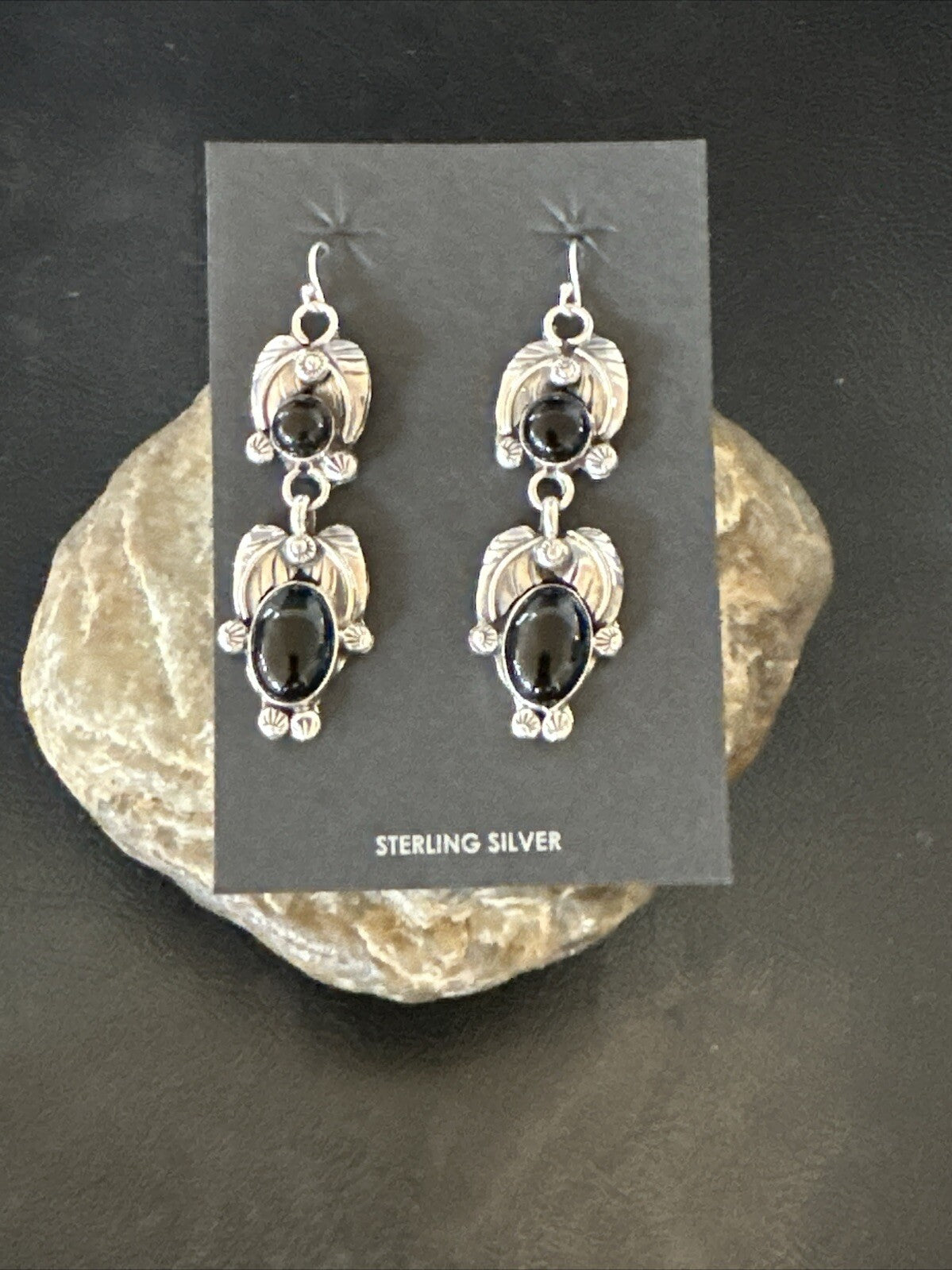 Black Onyx Navajo Sterling Silver Dangle Earrings 1.5" 18285