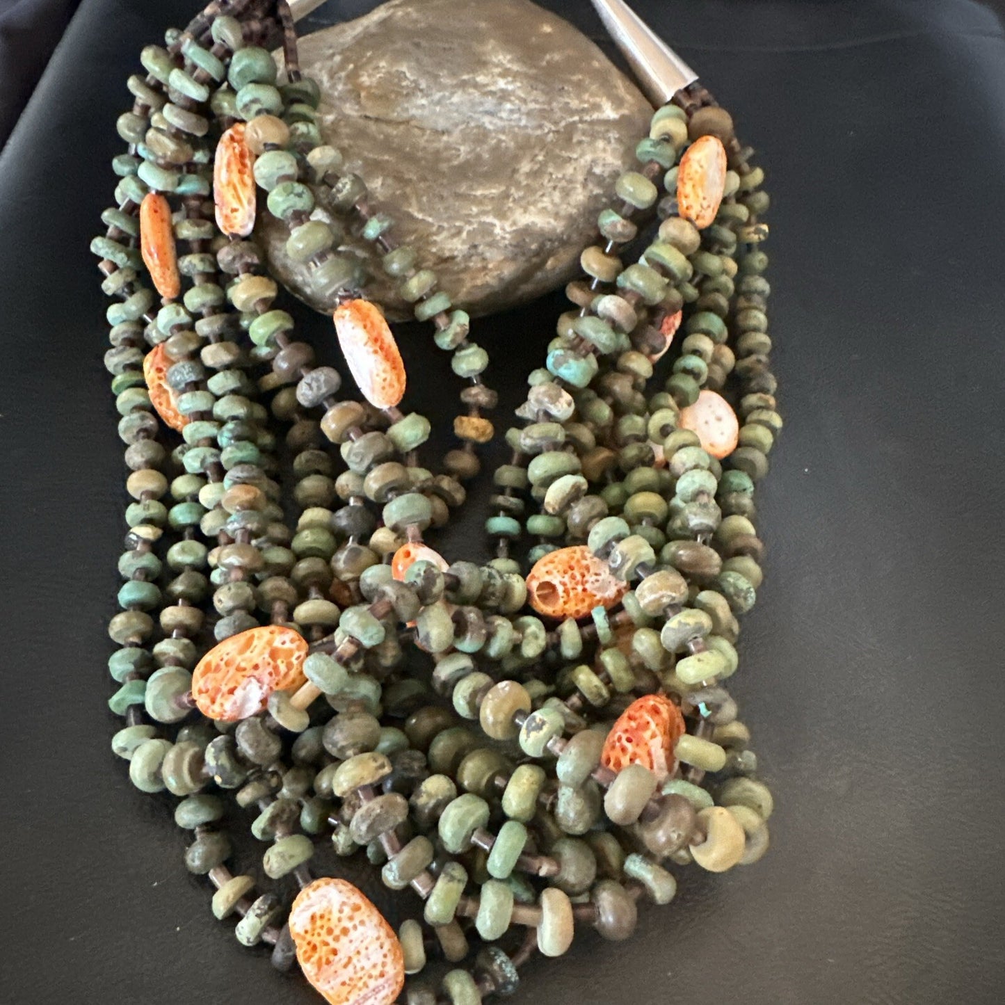 Navajo Green Turquoise 10S Sterling Silver Orange Spiny Shell Necklace 19" 18478