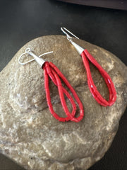 Red Coral Heishi Tube Liquid Dangle Earrings 2" | Sterling Silver | Authentic Native American Handmade | 4399