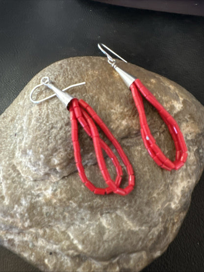 Native Red Coral Heishi Tube Liquid Sterling Silver Dangle Earrings 2" 4399