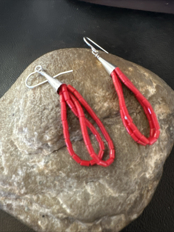 Red Coral Heishi Tube Liquid Dangle Earrings 2" | Sterling Silver | Authentic Native American Handmade | 4399