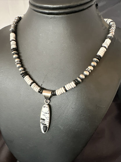 White Buffalo Turquoise Navajo Pearls Sterling Silver Onyx Necklace 17805