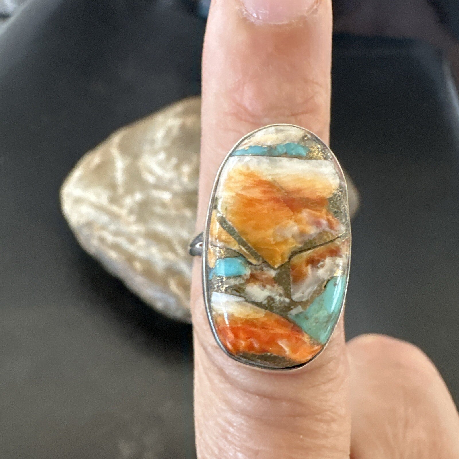 Blue Turquoise Spiny Oyster Navajo Sterling Silver Ring Size 8 18252