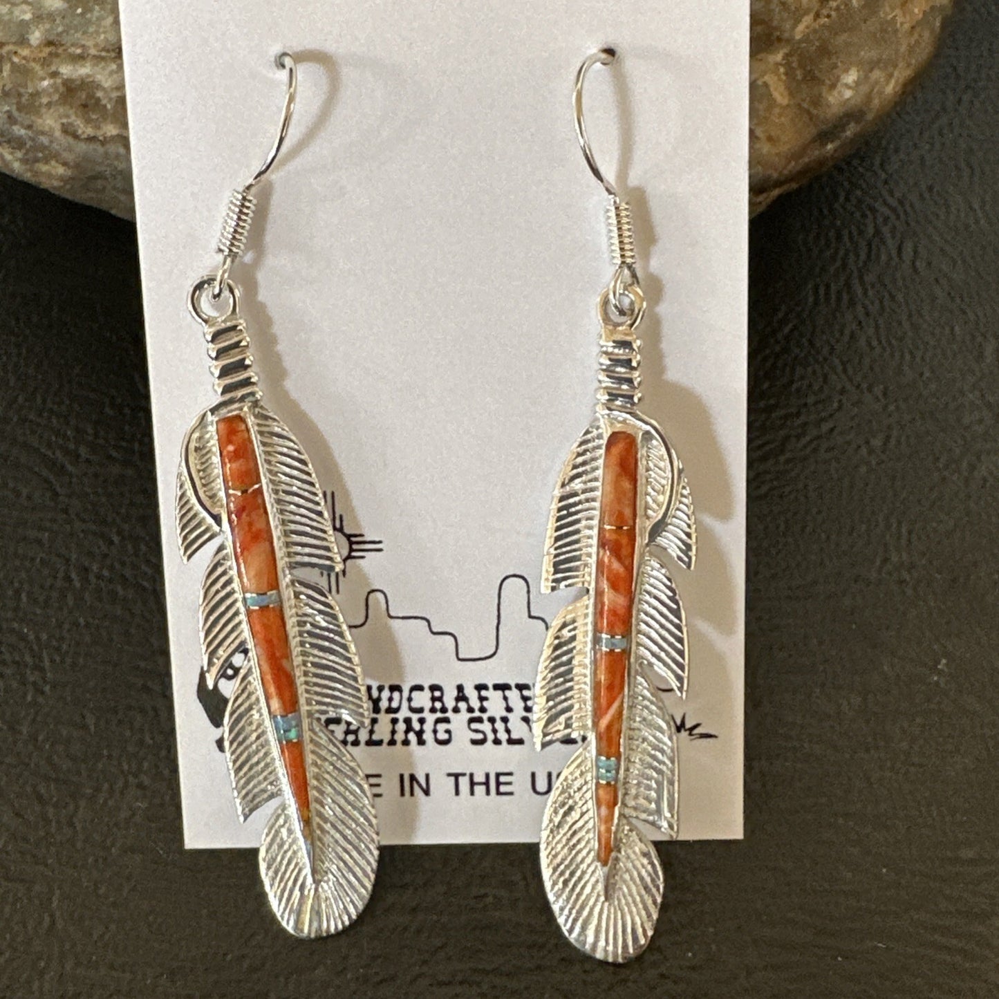 Orange Spiny Oyster Opal Sterling Silver Handmade Inlay Feather Earrings 18695