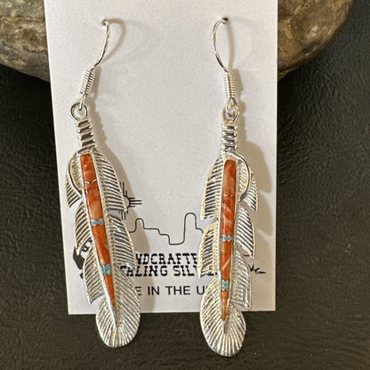 Orange Spiny Oyster Opal Sterling Silver Handmade Inlay Feather Earrings 18695