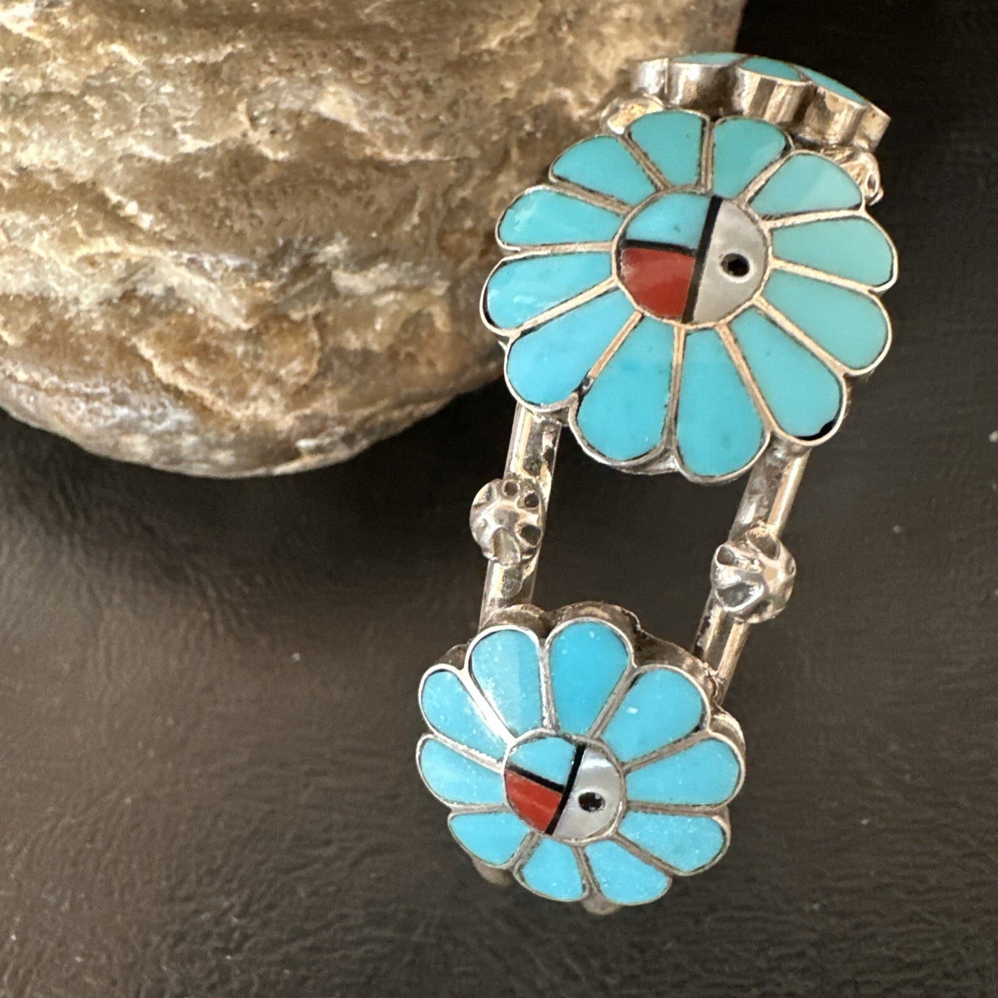 Blue Turquoise Coral MOP Zuni Sterling Silver Inlay Sunface Cuff Bracelet 18873
