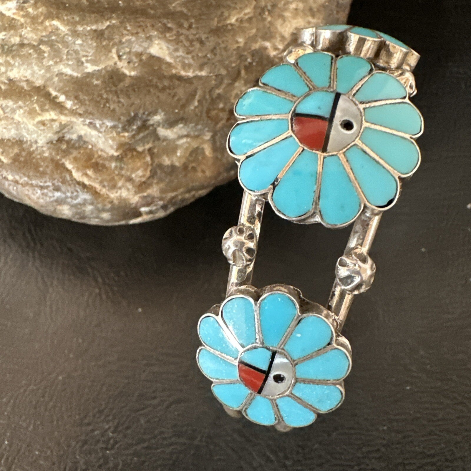 Blue Turquoise Coral MOP Zuni Sterling Silver Inlay Sunface Cuff Bracelet 18873