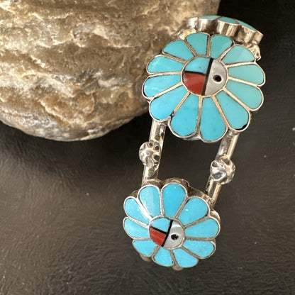 Blue Turquoise Coral MOP Zuni Sterling Silver Inlay Sunface Cuff Bracelet 18873